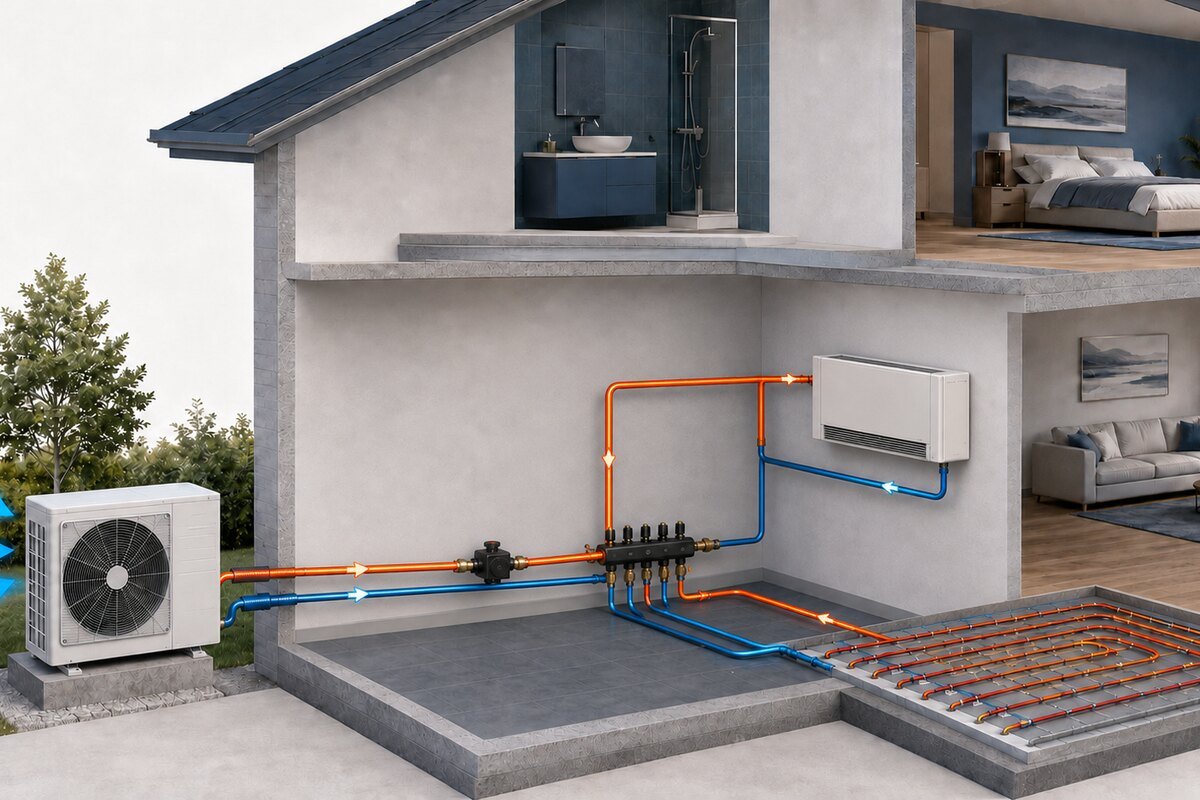 Corte ilustrativo de una vivienda con el circuito de una bomba de calor aire-agua: unidad exterior, cañerías de impulsión y retorno, colector de distribución, fancoil de pared y piso radiante.