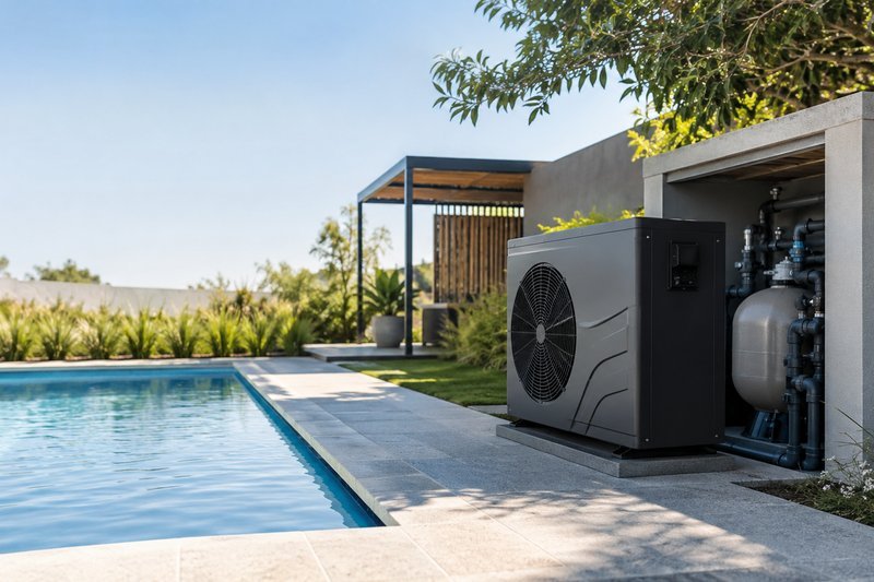 Bomba de calor para piscina instalada junto al equipo de filtrado, al borde de una pileta